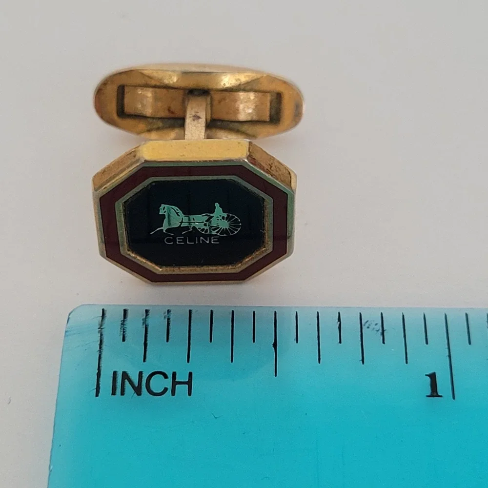 Celine Vintage Horse Carriage Logo Octagon Cufflinks Gold Tone Enamel Black Red